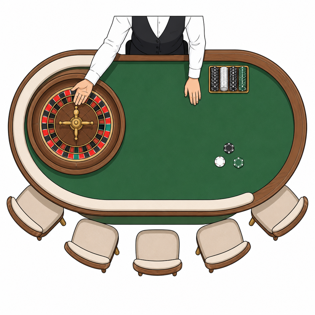 Top-down illustration of a live casino table with chips and a roulette wheel