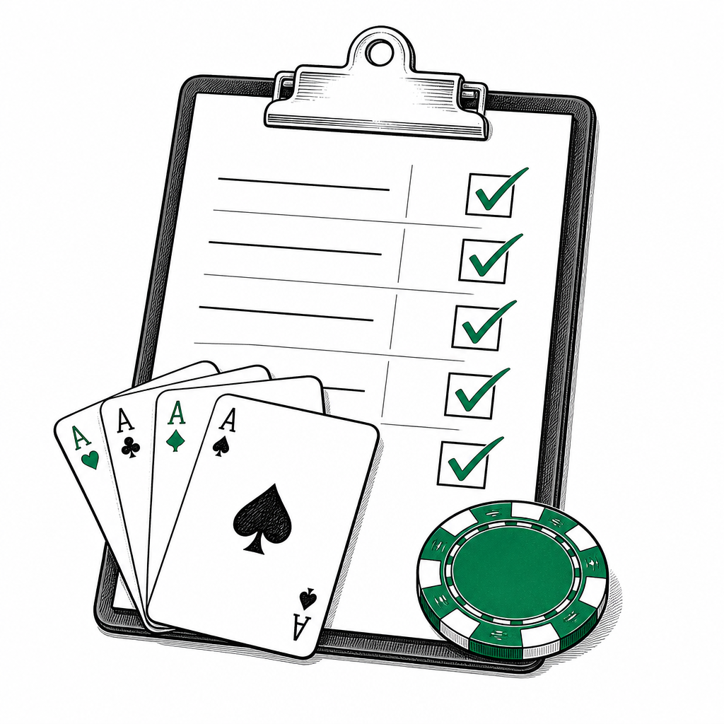Illustration of a scored checklist with cards and an emerald chip