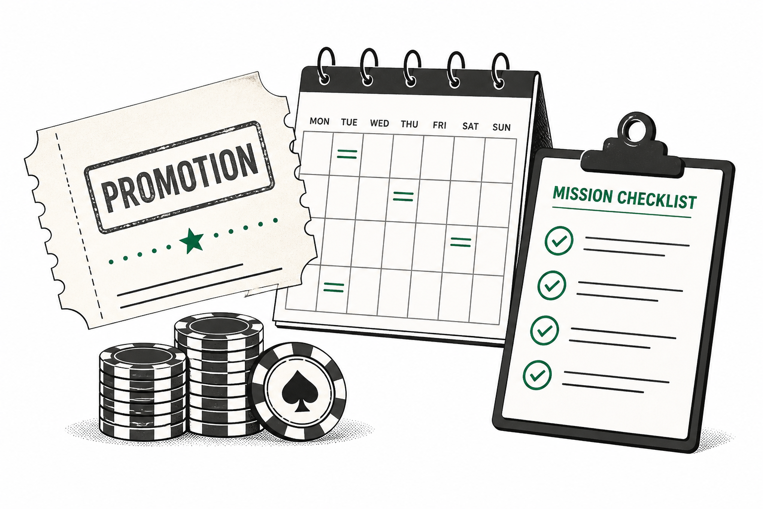 Editorial illustration of tickets, a checklist and chips representing promotion types